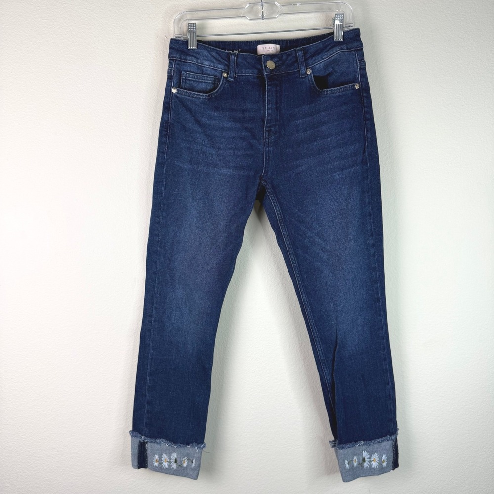 Ted Baker Jeans Womens 28 Blue Skinny Daisy Embroidered Cuff Ankle Denim